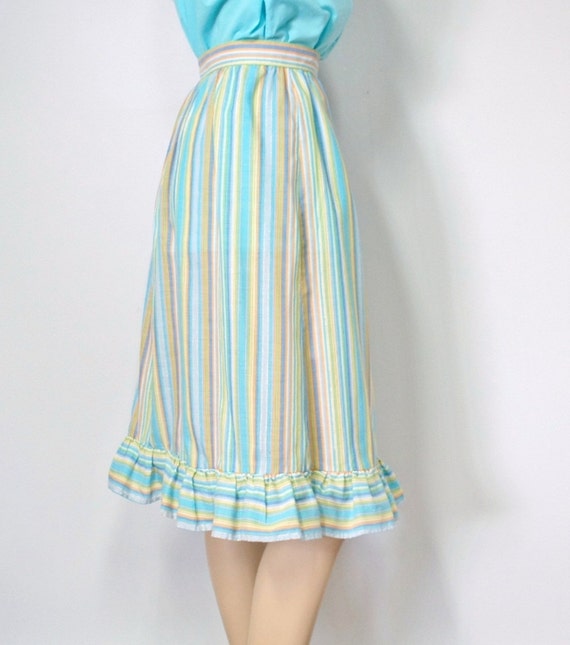 1960's Vintage Skirt Pastel Striped Ruffle Prairie Boho Full Skirt Cotton Blend Size 14