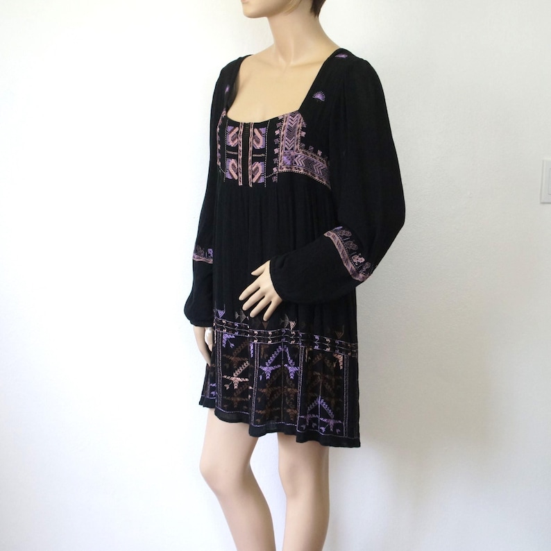 Vintage Dress Black Mini Embroidered Gauze Boho Hippie Free People Size Tagged Medium afbeelding 1