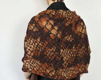 Large Scarf Wrap Vintage Brown Reversible Patterned and Solid Oblong