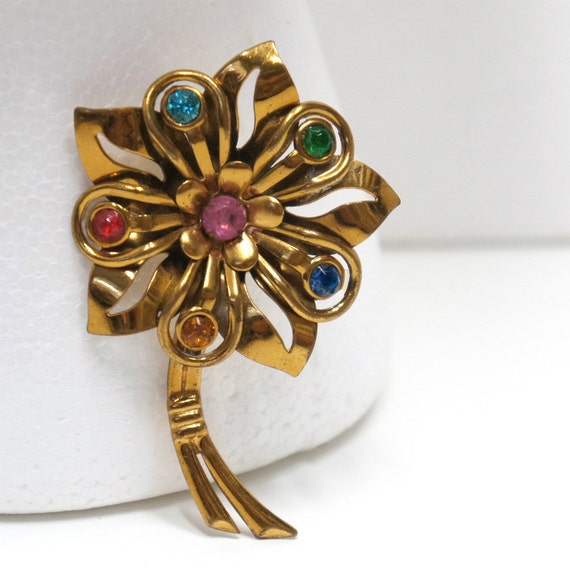 Vintage 1940's 1950's Brooch Art Nouveau Pin Brass Flower Rhinestones