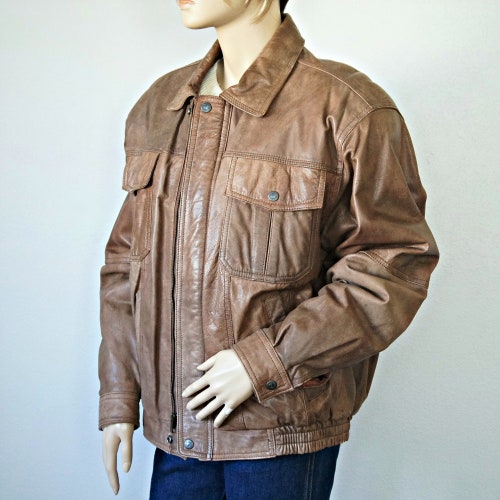 Vintage Bomber Jacket Brown Leather Lined shops Zip Front Western Trucker Size Medium