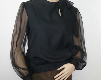 Vintage Blouse 1980's Black Sheer Sleeve Shoulder Bow Size 12