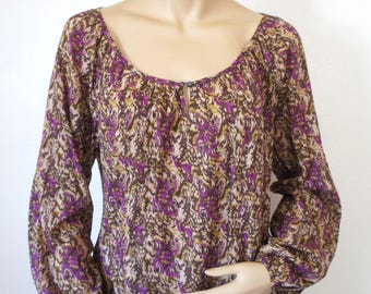 Vintage Peasant Blouse Purple Brown Long Sleeve Boho Size Medium