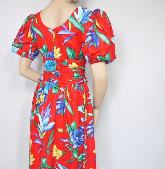 Tropical Print Dress Cotton Garden Party Red Hawa… - image 5