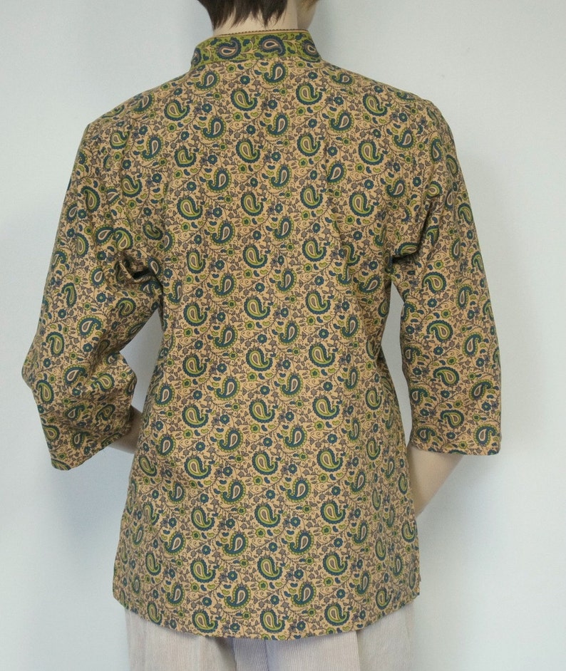 Vintage Blouse Paisley Cotton India Style Olive Hippie Top Size Medium