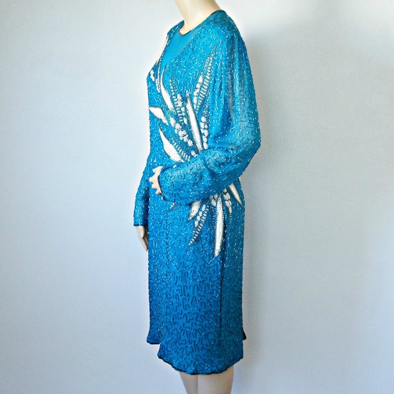 1980's Beaded Dress Turquoise Long Sleeve Silk Fl… - image 1