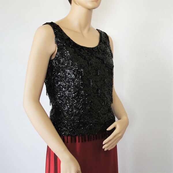 Beaded Blouse, Black Sequin Top, Sleeveless 1960's Holiday Party Wear, Vintage, Size Small
