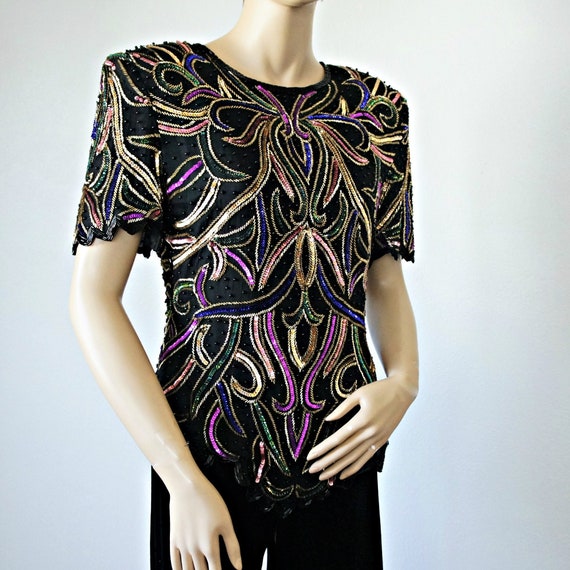 Beaded Top Black Blouse Vintage 1980's Colorful S… - image 3