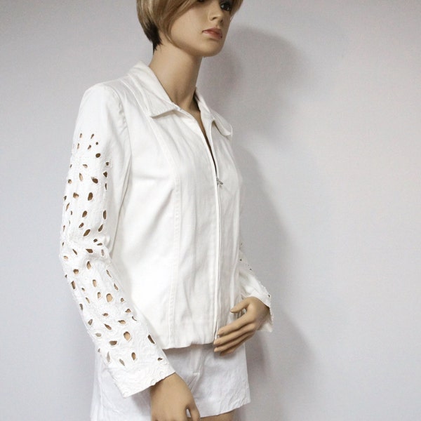 1980s White Jacket / Crop Jacket / Zip Up / Cotton Jacket / Open Cutwork Sleeves / Joseph Ribkoff / Size