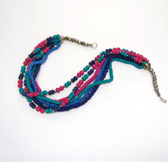 1980s Necklace Vintage Wood Bead Multicolored Multi Strand Bold Neck Wear