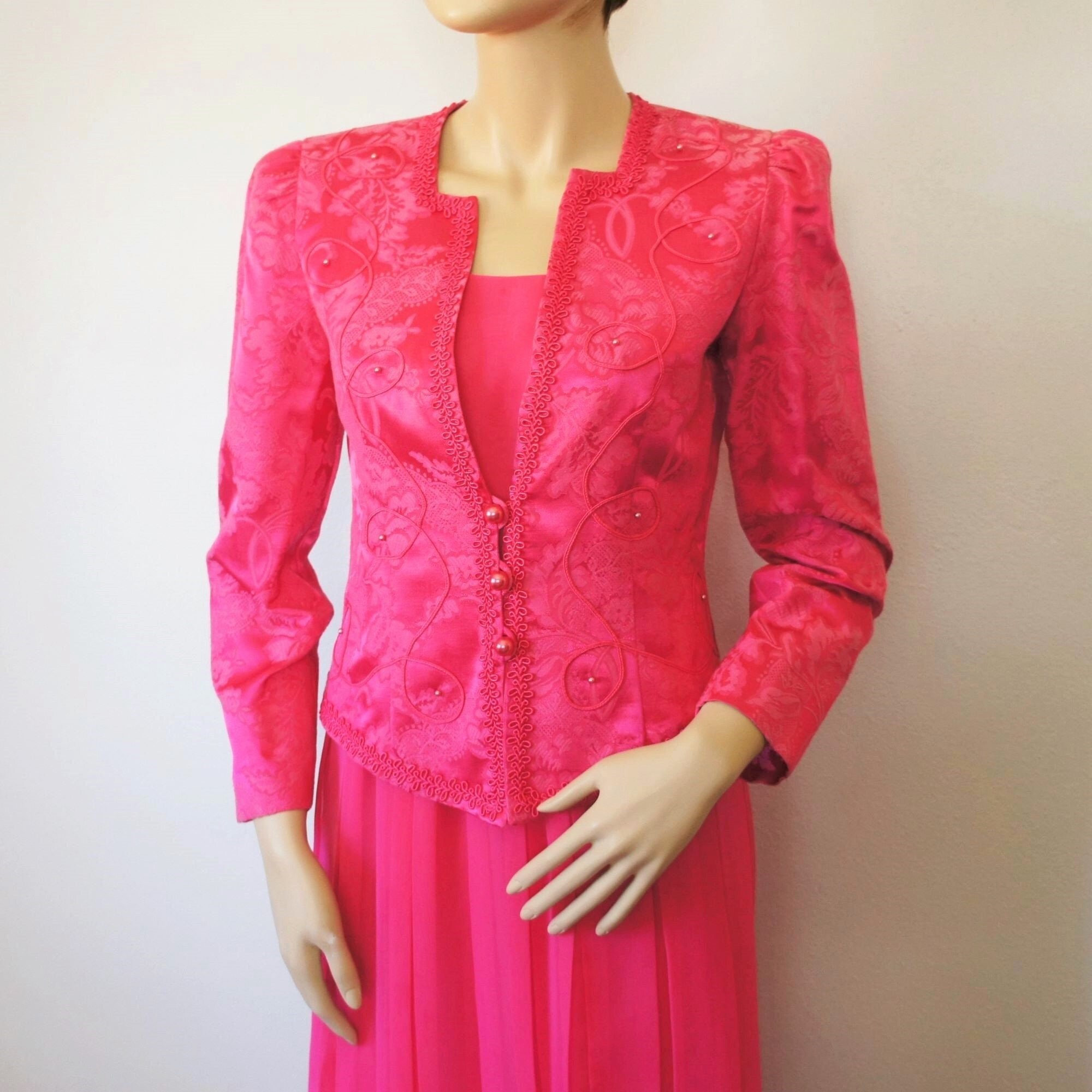 hot pink dress jacket Vintage Suit Nah Nah Fluorescent Hot Pink Chiffon Dress and Victorian Style  Jacket Size Tagged 6