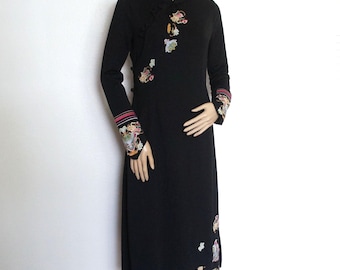 Vintage Oriental Dress Black Embroidered Maxi Wrap Size Small