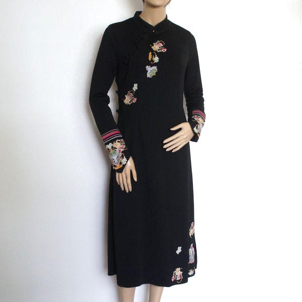 Vintage Oriental Dress Black Embroidered Maxi Wrap Size Small