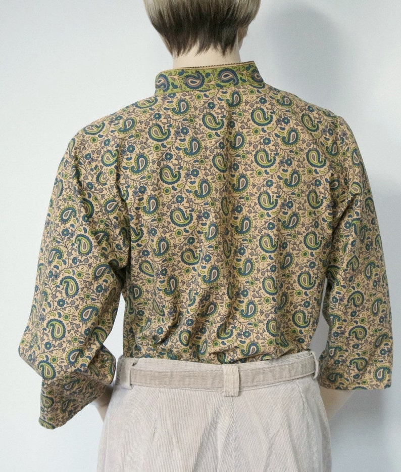 Vintage Blouse Paisley Cotton India Style Olive Hippie Top Size Medium
