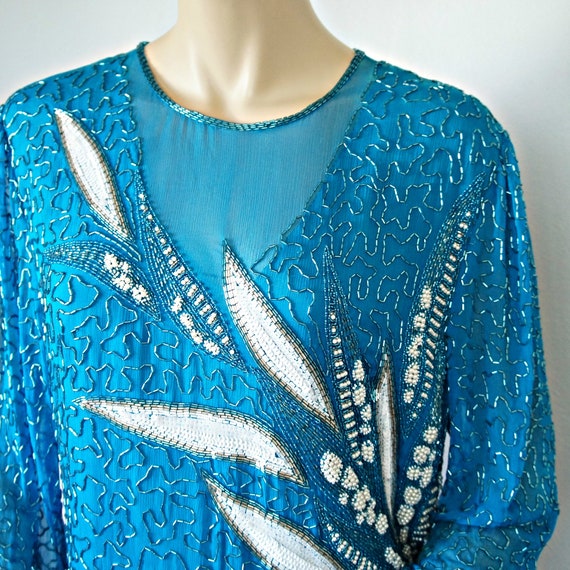 1980's Beaded Dress Turquoise Long Sleeve Silk Fl… - image 6