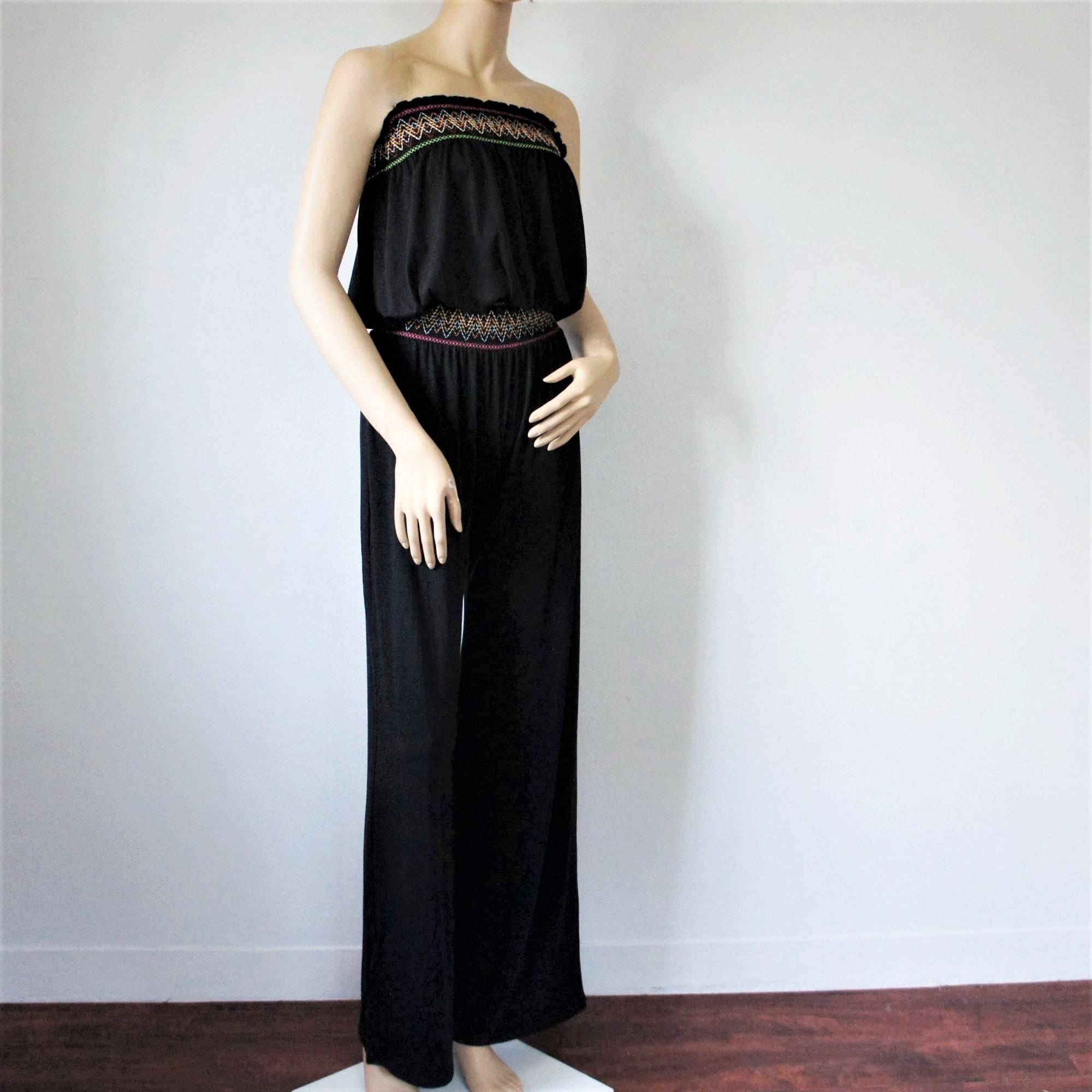 Vintage Jumpsuit Embroidered Strapless Smocked Black Y2K