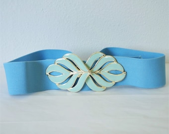 1980's Stretch Belt Baby Blue with Enamel Leaf Flame Buckle Blues Golds Adjustable Size