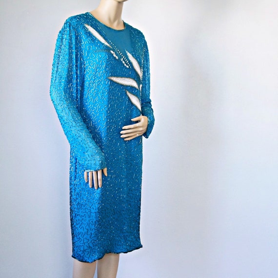 1980's Beaded Dress Turquoise Long Sleeve Silk Fl… - image 10
