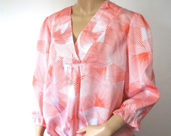 Blusa vintage de los años 80, naranja y blanco brillante, talla extra grande (petite).