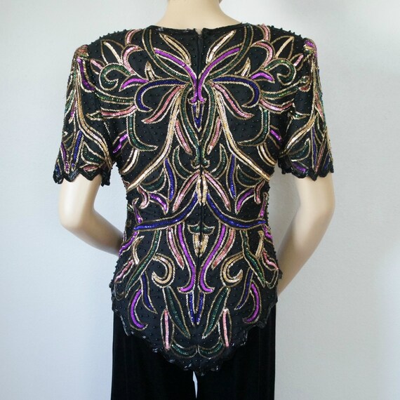 Beaded Top Black Blouse Vintage 1980's Colorful S… - image 5