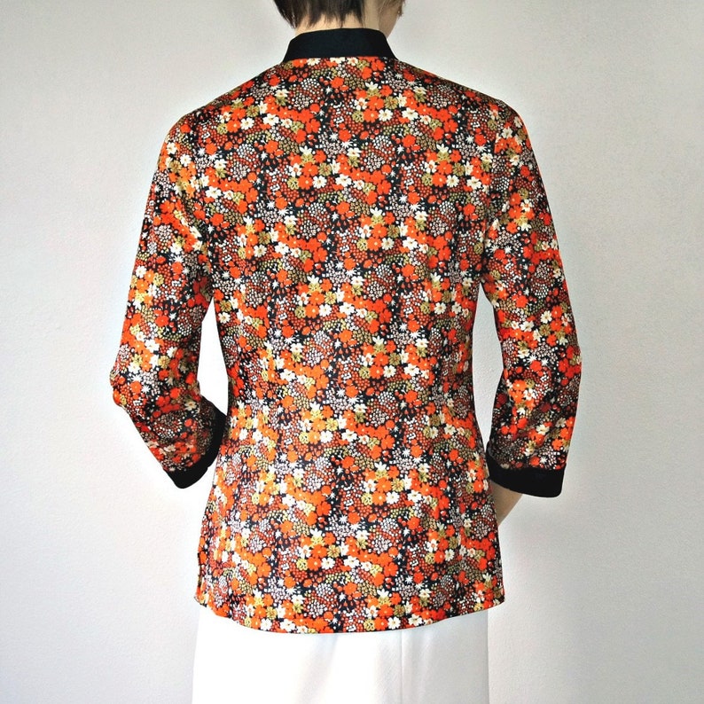 Vintage Blouse Orange Floral Oriental Style Black Size Small Costume Psychedelic Pajama Top Jacket