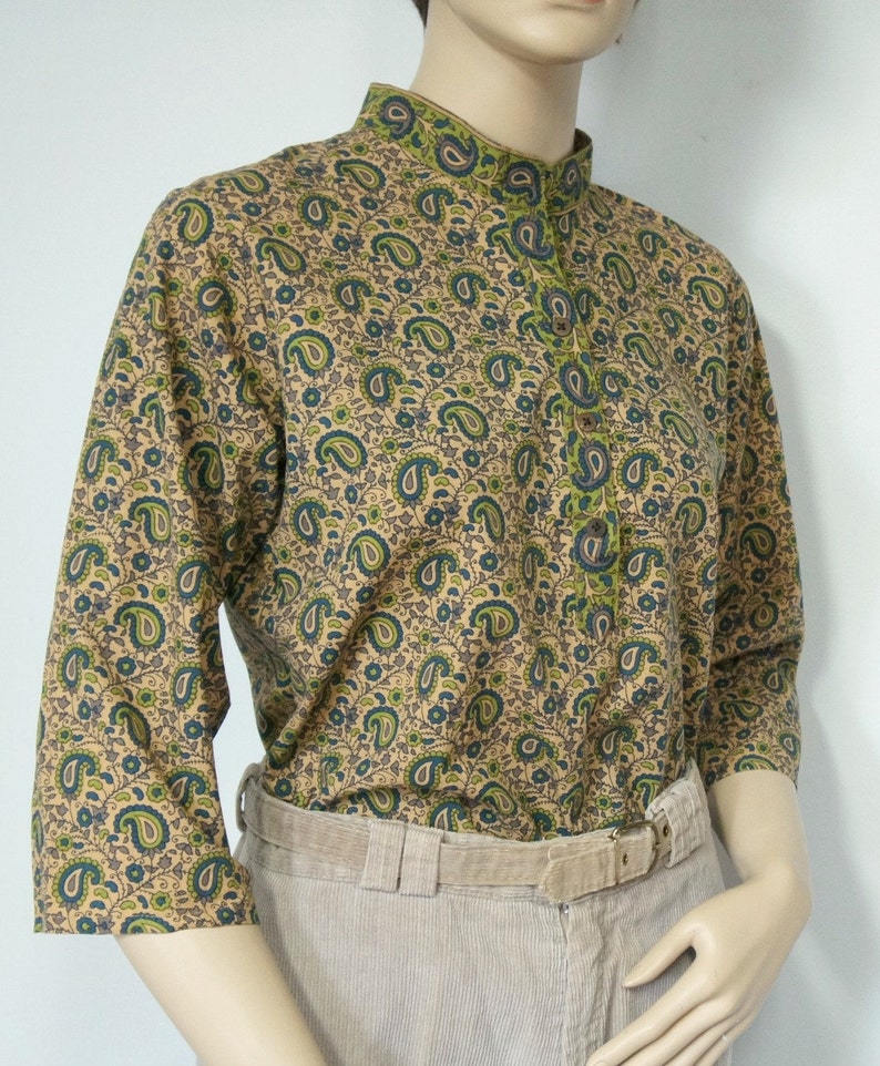 Vintage Blouse Paisley Cotton India Style Olive Hippie Top Size Medium