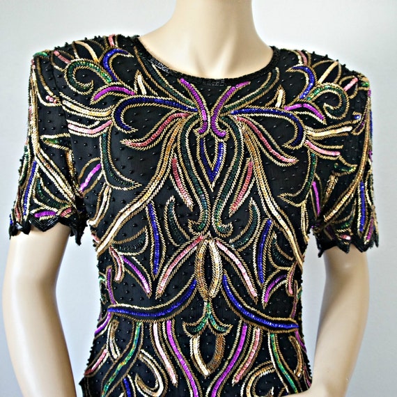 Beaded Top Black Blouse Vintage 1980's Colorful S… - image 9