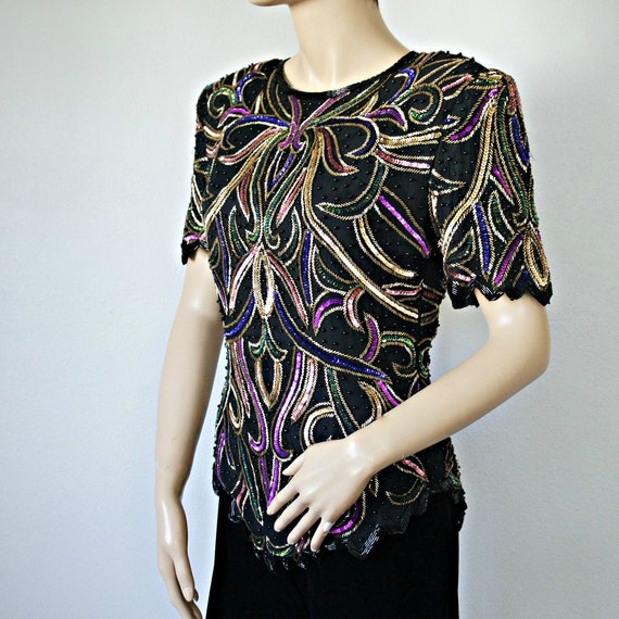 Beaded Top Black Blouse Vintage 1980's Colorful S… - image 1