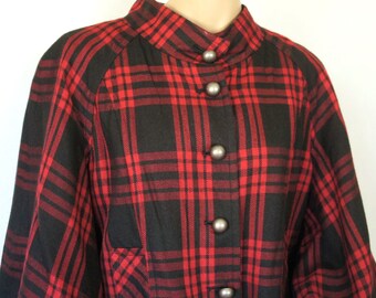 90&#39;s Plaid Cape Capelet Poncho Jacket Larry Levine Red Crop Vintage Button Front Size Tagged 16 Larry Levine
