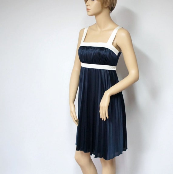 Vintage Dress Navy Blue Sundress Silky Empire Wai… - image 1