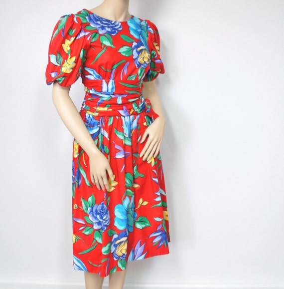 Tropical Print Dress Cotton Garden Party Red Hawa… - image 4