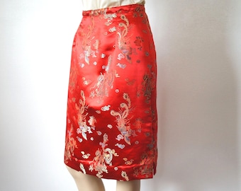 Vintage Skirt Red Silky Dragon Asian Oriental Handmade Straight Size Small