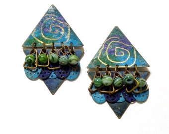 Vintage 1980's Earrings Metal Geometric Shapes Brass Post Jewelry