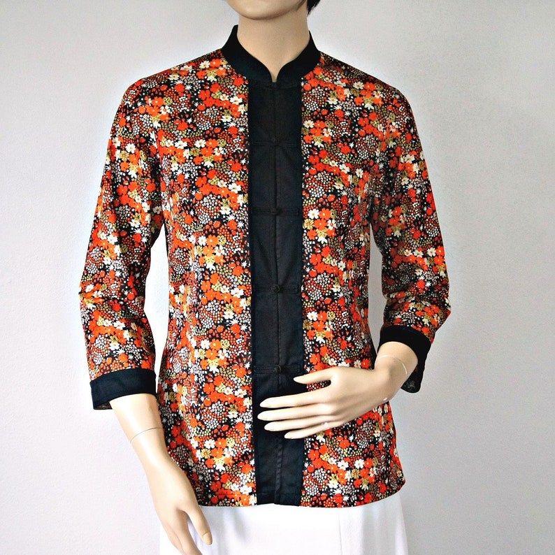 Vintage Blouse Orange Floral Oriental Style Black Size Small Costume Psychedelic Pajama Top Jacket