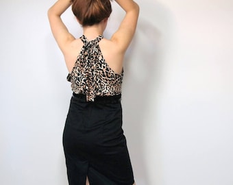 Bodycon Dress Animal Print Vintage 1990's Black Spandex Empire Waist Wiggle Halter Top Mini Size Small