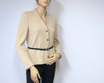 Vintage Sweater Jacket 1970's Classic Beige Navy Trim V Neck Cardigan Size 10