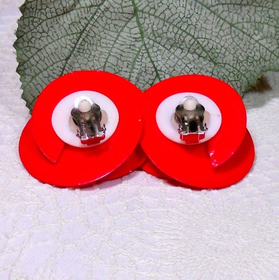 Vintage Earrings Clip 1980's Big Bold Bright Red … - image 3