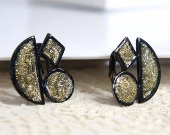 Vintage Japanned Earrings Glitter Art Deco Clip Ons Black Enamel Gold Sparkle