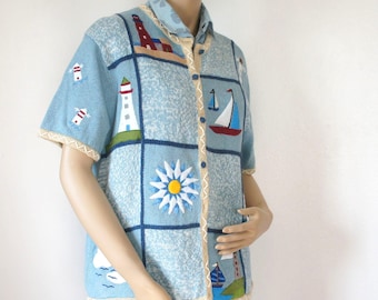Vintage 90s Nautical Lighthouse Short Sleeve Cardigan Sweater Large Coastal Grandma Sailboat Embroidered Knit Top Size Large