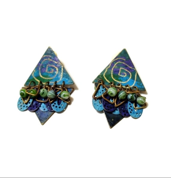 Earrings Vintage 1980s Metal Geometric Shapes Bra… - image 1