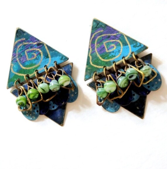 Earrings Vintage 1980s Metal Geometric Shapes Bra… - image 2