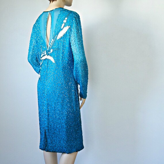 1980's Beaded Dress Turquoise Long Sleeve Silk Fl… - image 5