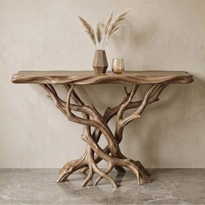 Op de afbeelding: Een houten console met een natuurlijk, organisch ontwerp. De tafel heeft een blad met een natuurlijke rand en een onderstel van verweven takken. Een geometrische vaas met gedroogde planten en een klein glas staan erop.