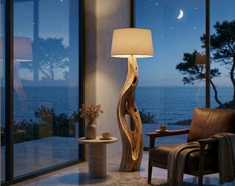 Lampada da terra scultorea in legno di mare, grande lampada da terra organica in radice, lampada rustica costiera in ramo, decorazione artigianale per casa al mare, alta natura
