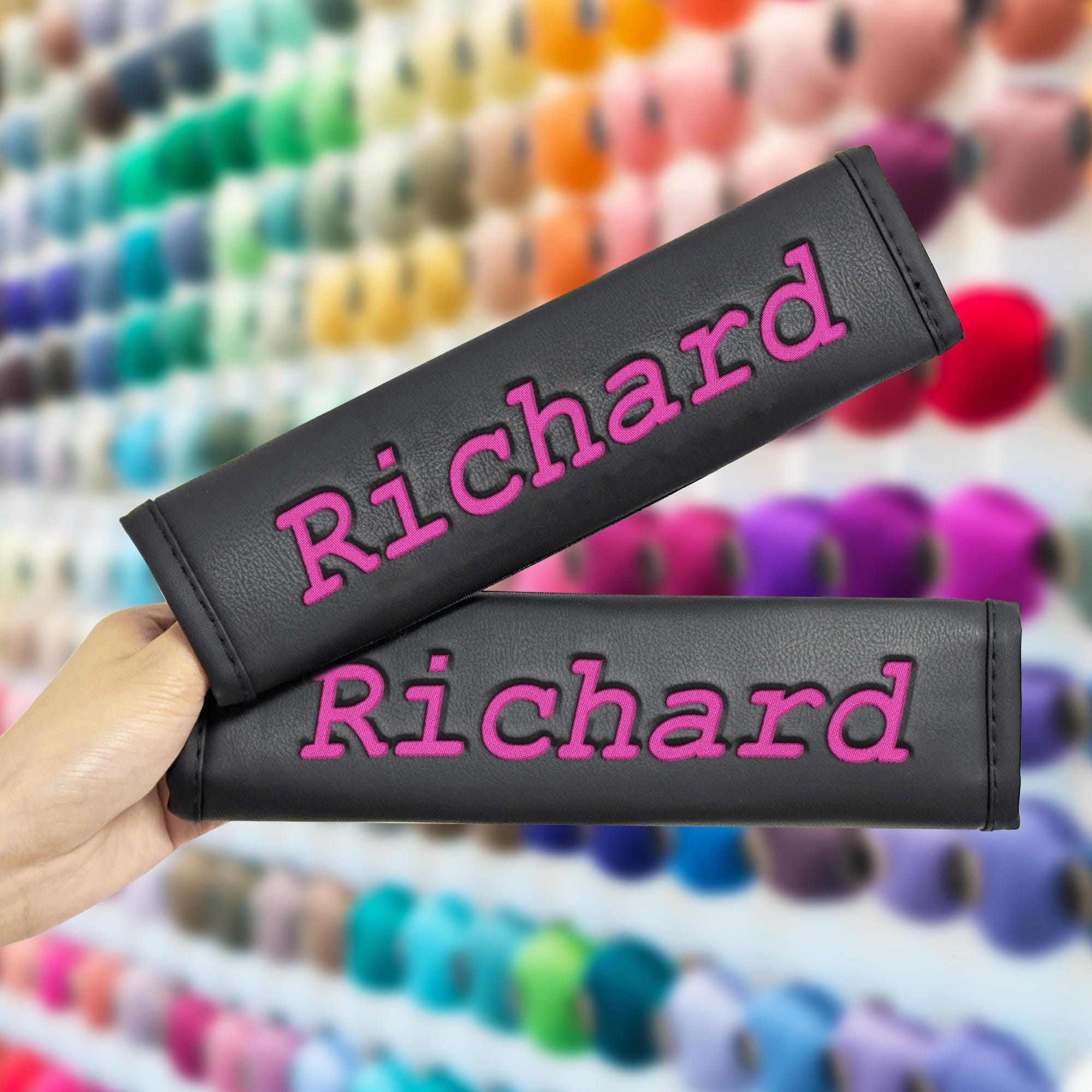 Custom Name Embroidered Seat Belt Cover – Faux Leather Shoulder Pad for Car/Truck – Personalized Gift for Him/Her