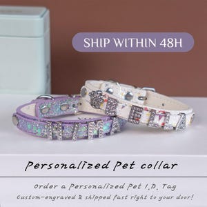 Personalized Leather Dog Collar – Custom Rhinestone Name Collar for Puppy & Dog | Adjustable XS–XL | Luxury Bling Collar Gift