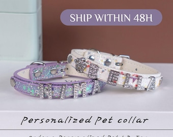 Personalized Leather Dog Collar – Custom Rhinestone Name Collar for Puppy & Dog | Adjustable XS–XL | Luxury Bling Collar Gift