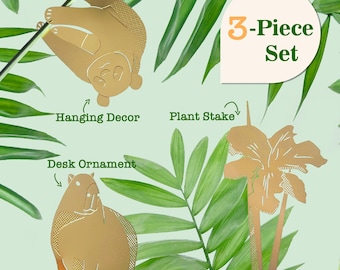 Brass Animal Plant Stake Set (3pcs) – Cute Botanical Decor for Indoor Garden | Sculpture Ornament Gift for Plant Lover, Gardener, Dad