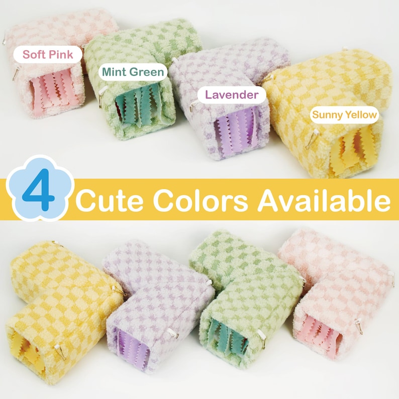 May include: Four plush pencil cases in soft pink, mint green, lavender, and sunny yellow. Each case has a checkered pattern and a contrasting interior. The text "4 Cute Colors Available" is also visible.