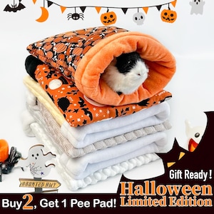 May include: A stack of pet bedding pads with a Halloween theme. The top layer features an orange pumpkin print, with a guinea pig peeking out of an orange plush bed. The text "Halloween Limited Edition" is visible.